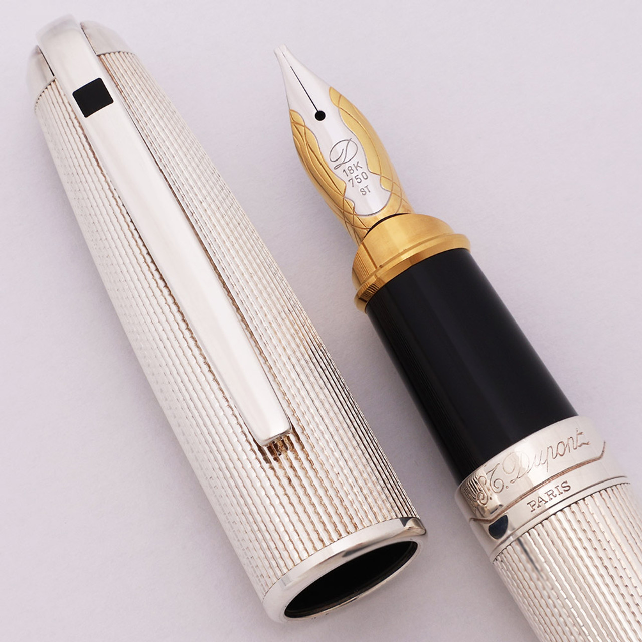 ST Dupont Olympio XL Oversize Fountain Pen - Silver Guilloche, 18k Stub (Excellent, Works Well)