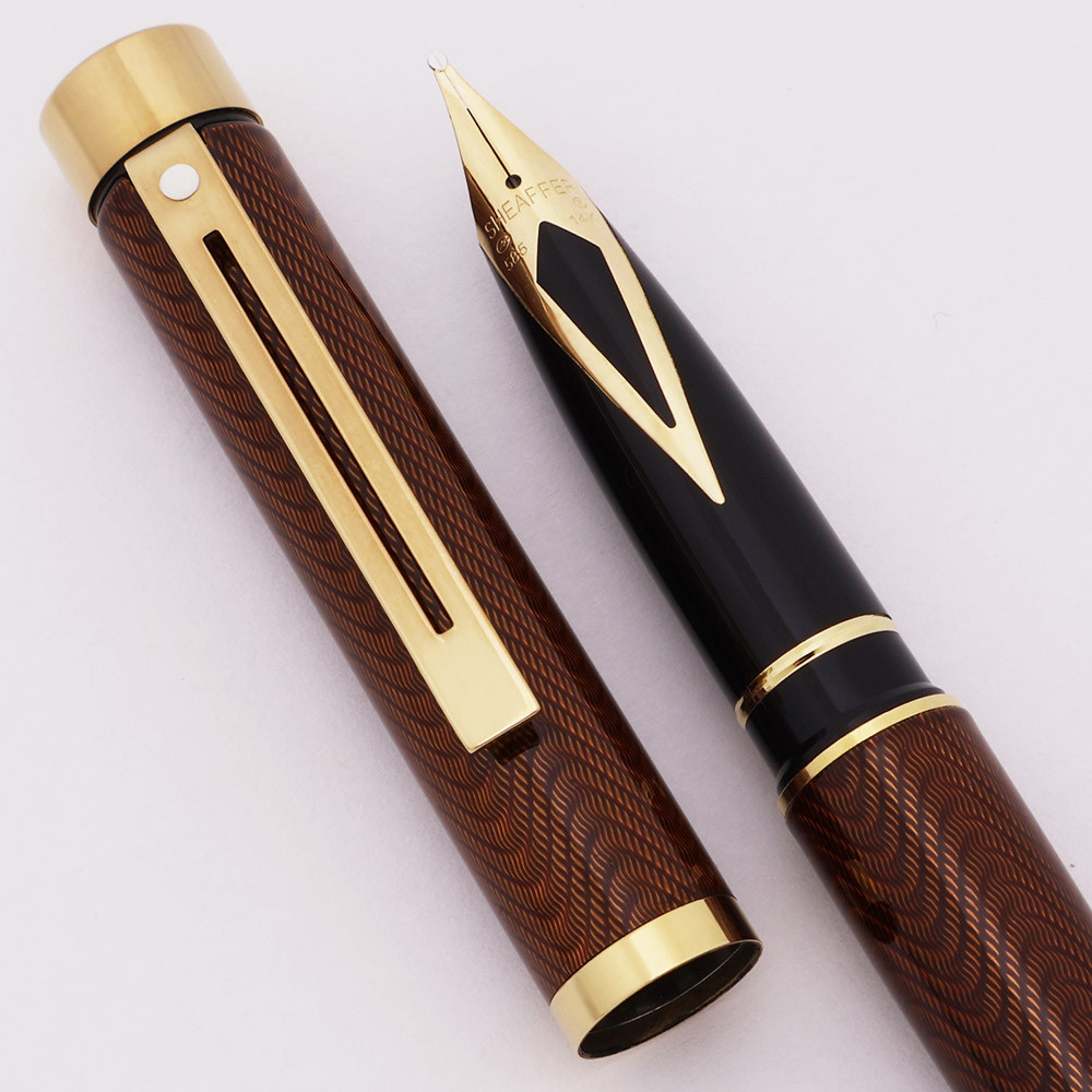 Sheaffer TARGA 1085 Fountain Pen - Hard to Find, Lacquer Amber Moire, 14K Broad (Near Mint, Works Well)