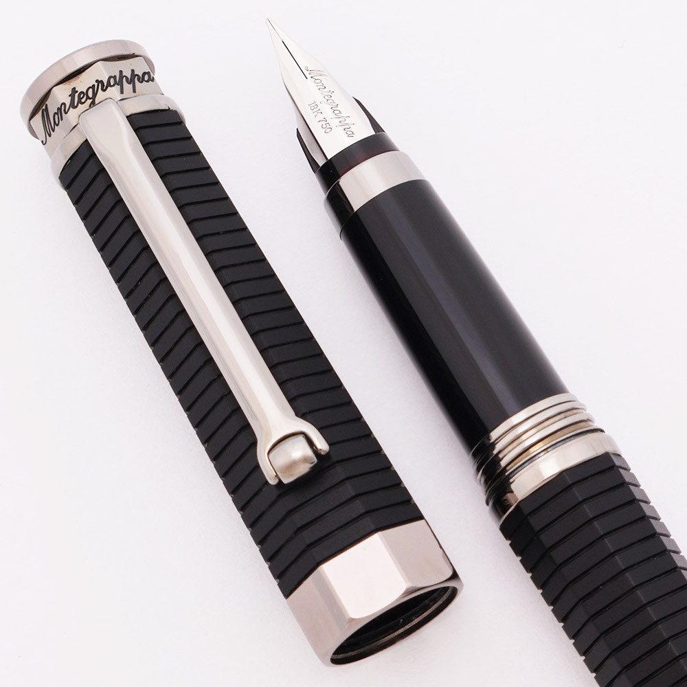 Montegrappa NeroUno Linea Fountain Pen - Black Faceted, Ruthenium Plated Trim, 18k Medium (Excellent+ , Works Well)
