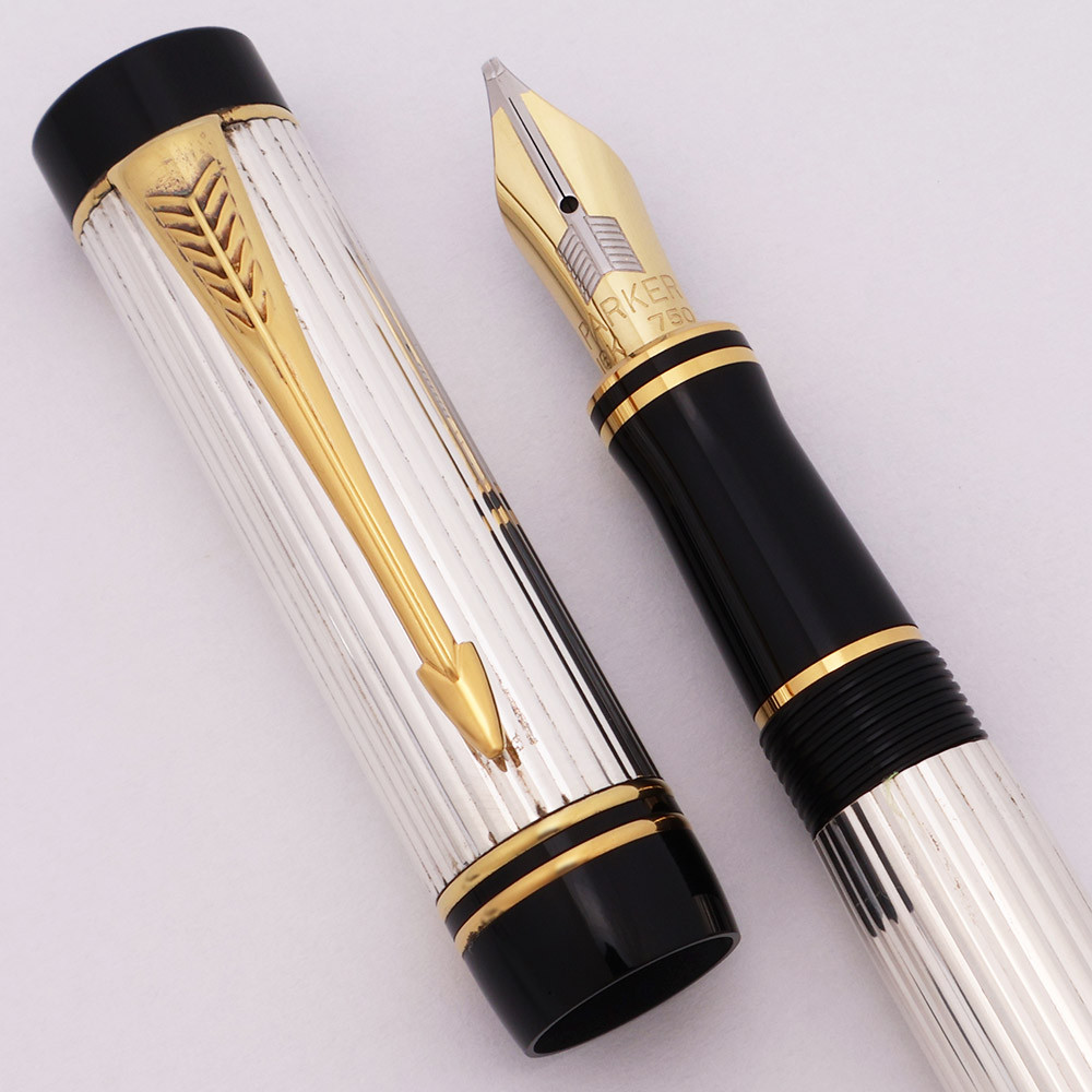 Parker Duofold International Fountain Pen (1991) - Sterling Silver, 18k Broad Oblique Nib (Excellent +, Works Well)