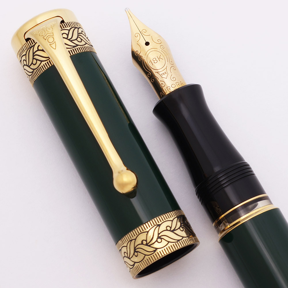 Aurora Dante Alighieri Limited Edition Fountain Pen (1995) - Green Enamel, Vermeil Trim, 18k Broad Nib (Near Mint, Works Well)