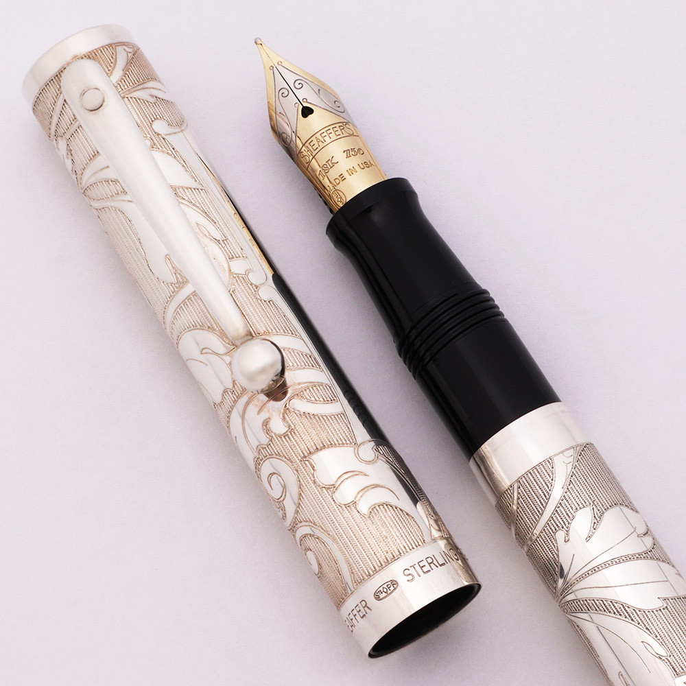 Sheaffer Nostalgia Fountain Pen - Solid Etched Sterling, 18k Medium Nib (Near Mint, Works Well)