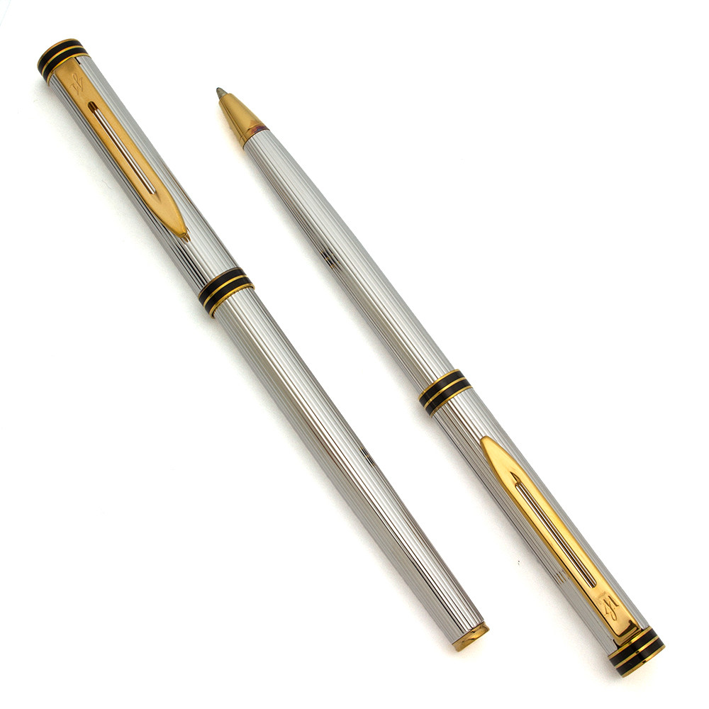 Waterman Exclusive Fountain Pen and Ballpoint Set (Late 1980s) - Silver Plated Godron w GP Trim, Cartridge Only,  Broad 18k Nib (Excellent +, Work Well)