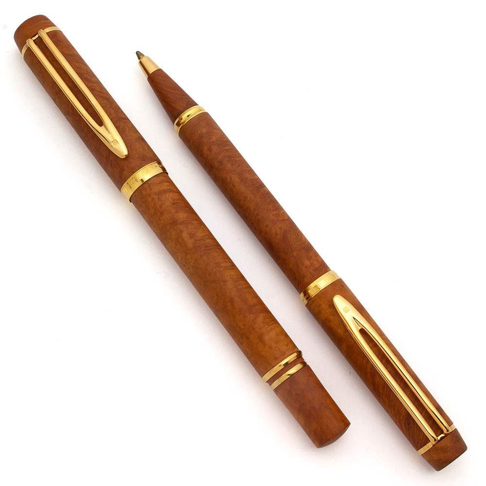 Waterman Le Man 100 Fontainebleau Fountain Pen and Ballpoint Set (1980s) - Olive Wood w/GT, C/C, Broad 18k Nib (Near Mint, Work Well)