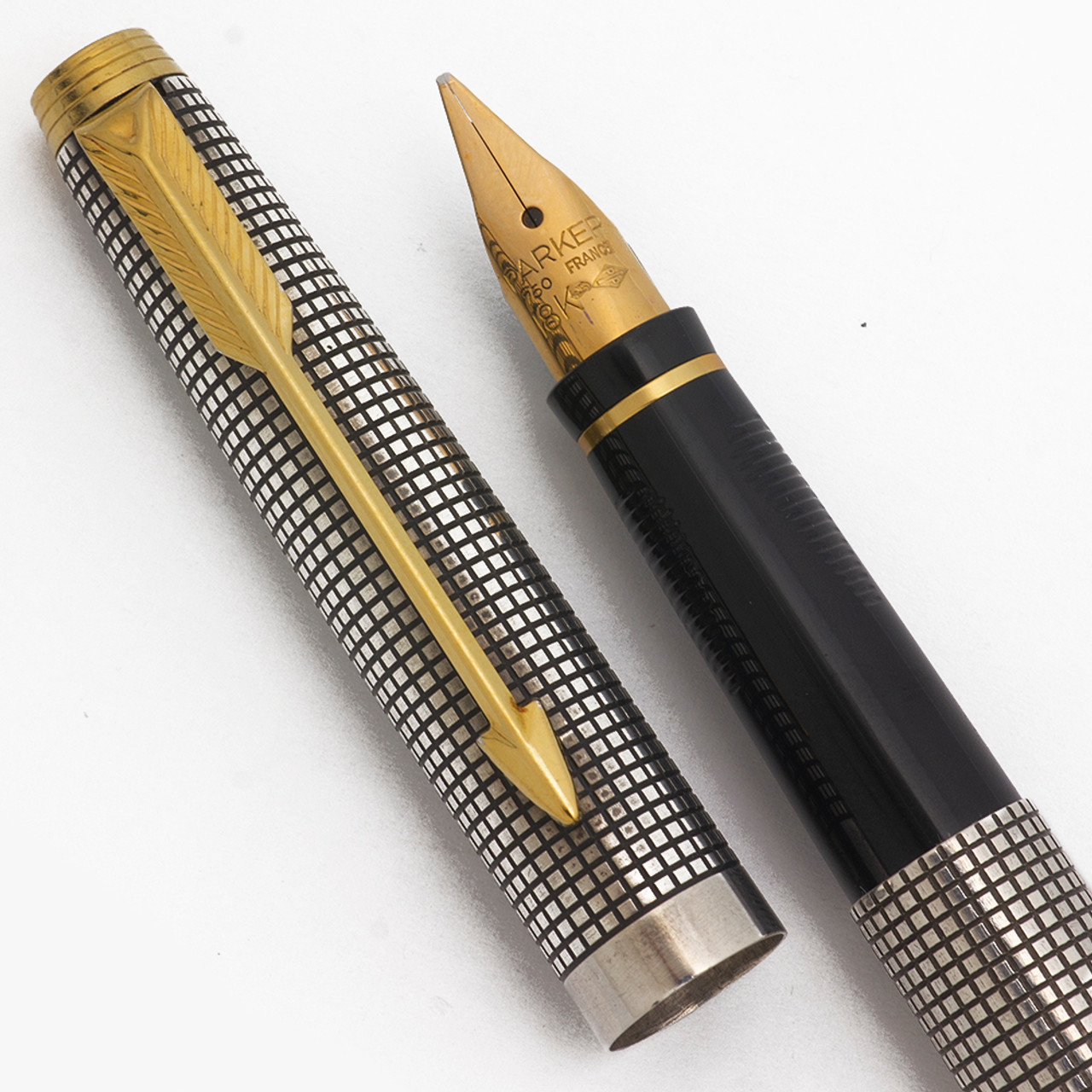 Parker 75 Cisele Fountain Pen (France, 1986) - Sterling Silver Grid w GT, C/C, 18k #77 Right Oblique Nib (Excellent, Works Well)