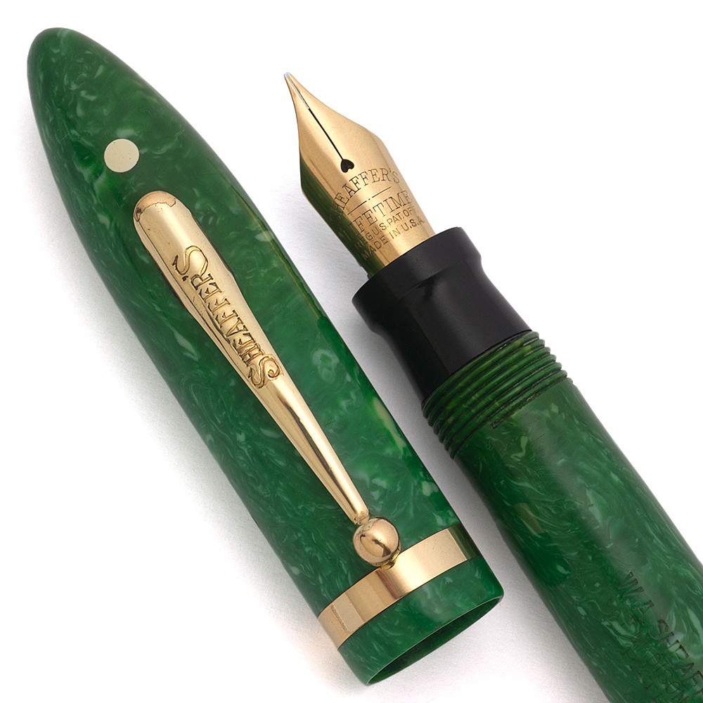 Sheaffer Balance Lifetime Oversize Fountain Pen (1930s) - Long Humped Clip,  Jade Green,  Lever Filler, Fine Lifetime Nib (Excellent +, Restored)