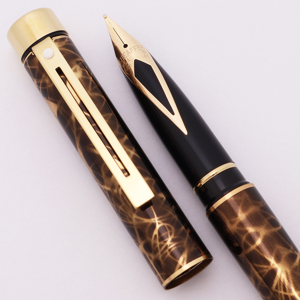Sheaffer TARGA 1044 Fountain Pen (1986-96) - Lacque Filigree Golden Black, C/C, 14k Medium Nib (Excellent, Works Well)