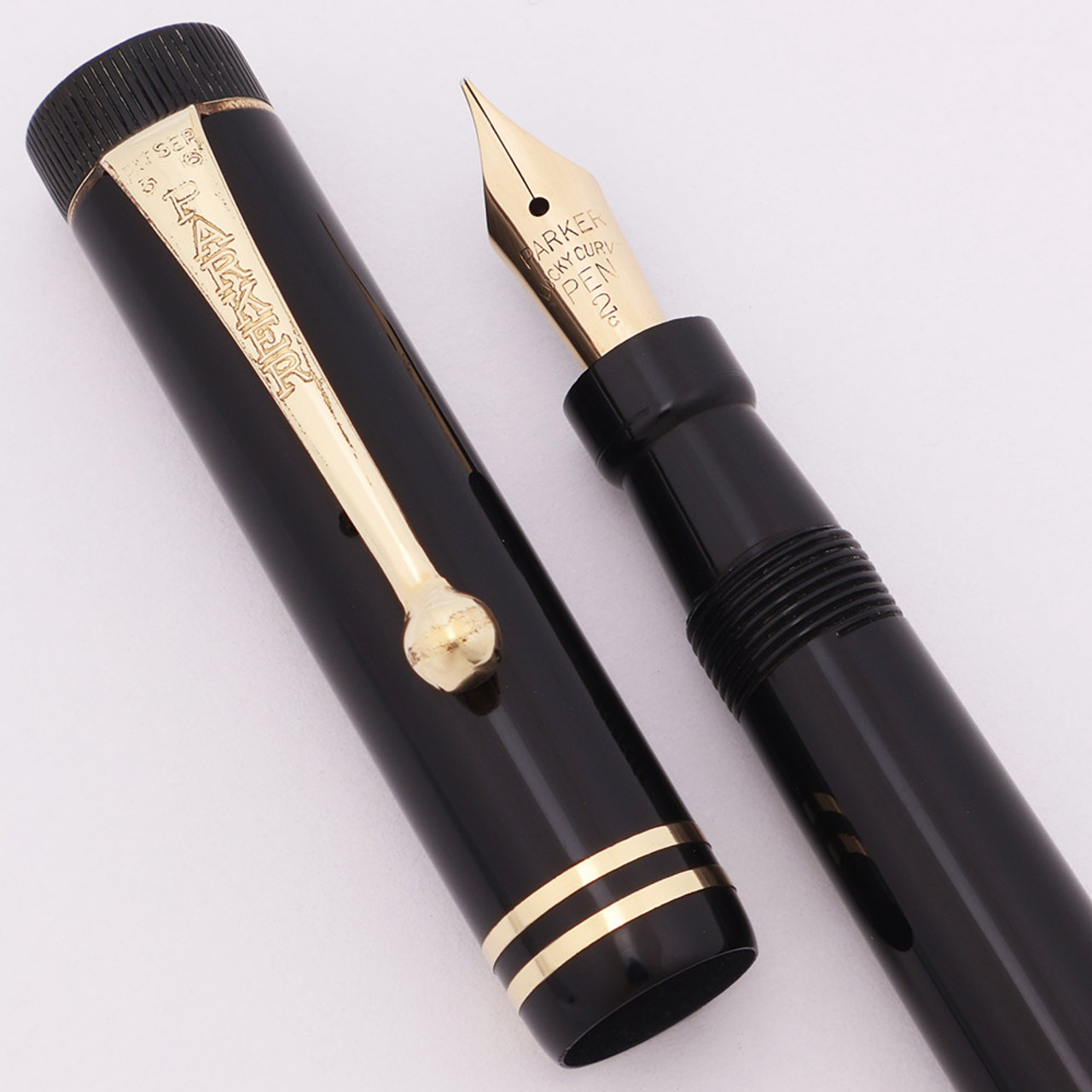 Parker Jack Knife Lucky Curve 23-1/2 Fountain Pen (1920s) - Full Size, Black w/GT, Button Filler, Medium Flexible #2 Lucky Curve Nib (Excellent +, Restored)