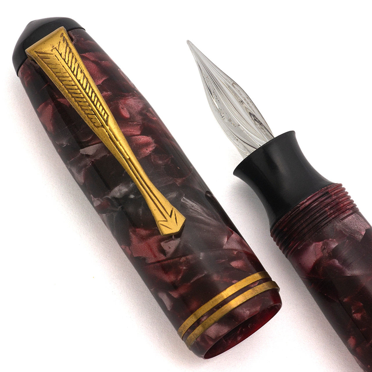 Vintage Glass Nibbed Pen - Burgundy Marbled w GT, Button Filler (Excellent, Restored)