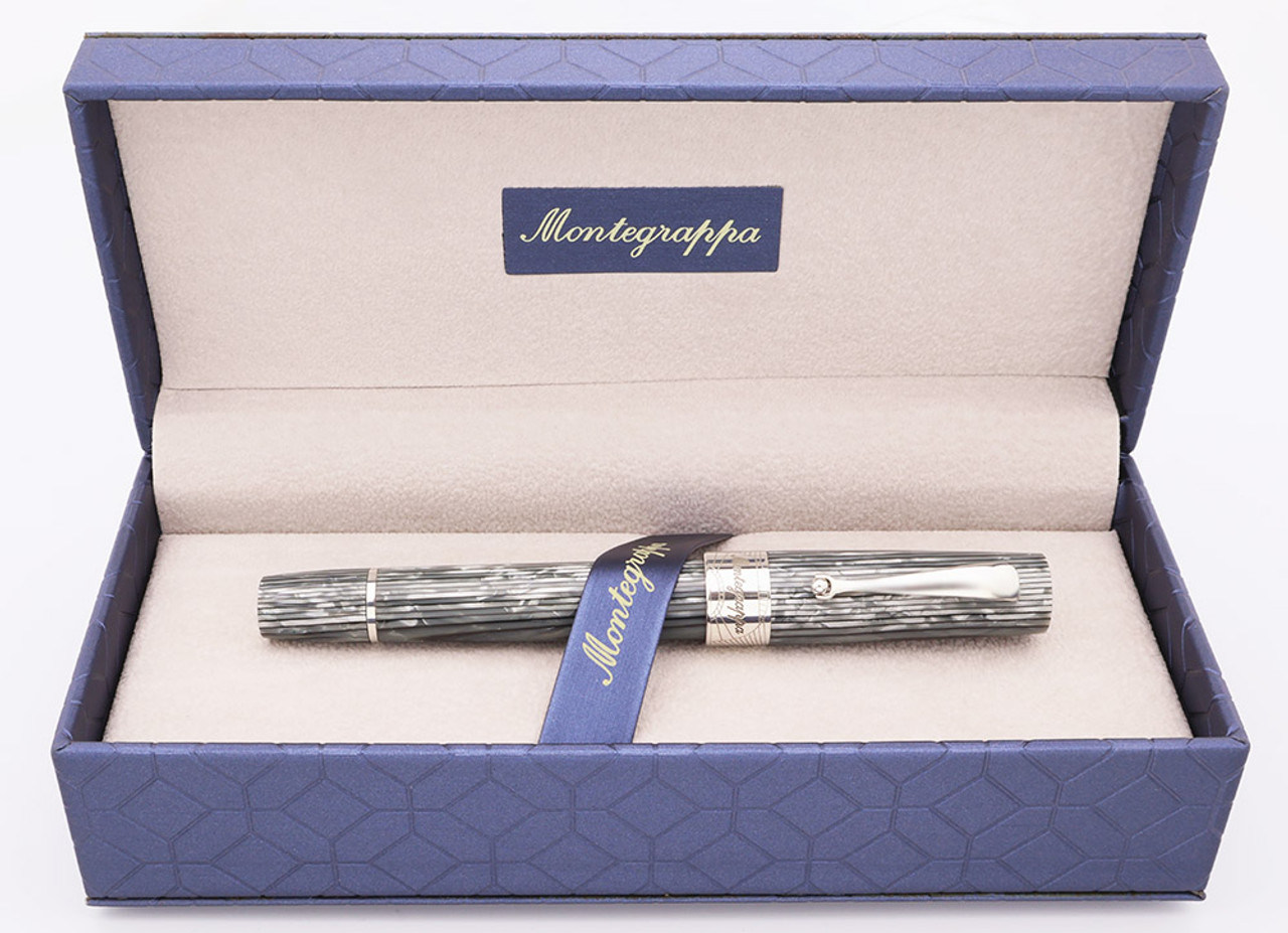 Montegrappa Extra 1930 "Dove" Fountain Pen (Rare LE) -  Grey Shiny Lines Celluloid, Piston Filler, 18k #8 Medium Nib (Near Mint in Box, Works Well)