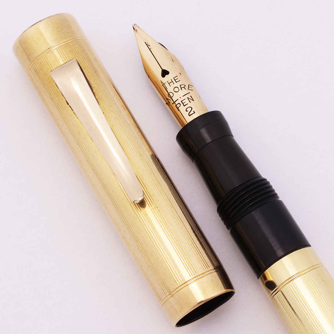 Moore Fountain Pen (1920-30s) - Gold Filled Lined Pattern, Flexible Fine #2 Moore Nib (Excellent +, Restored)