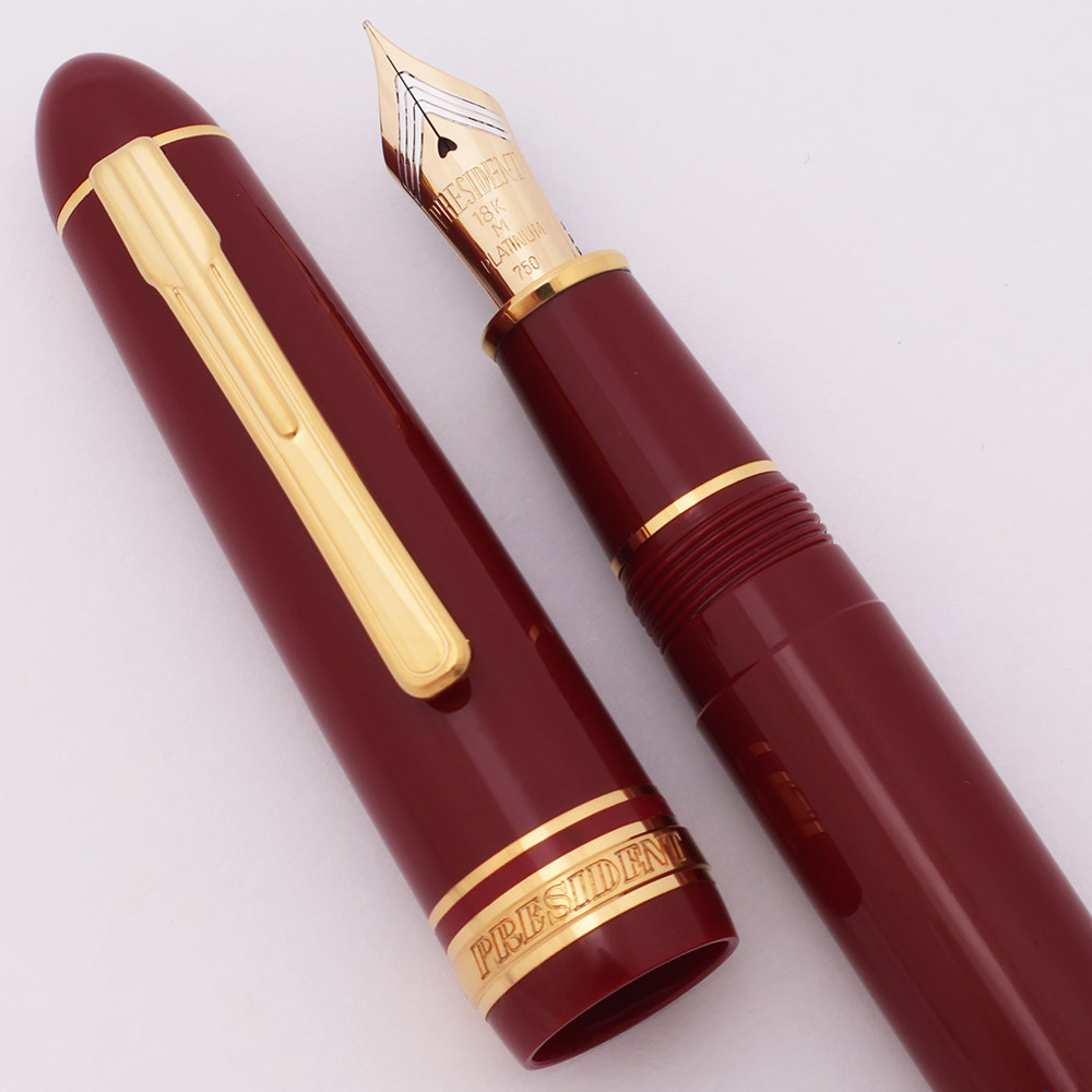 Platinum President Fountain Pen - Wine Red w Gold Trim,  C/C,  Medium 18k Two-Tone Nib (Excellent +, Works Well)