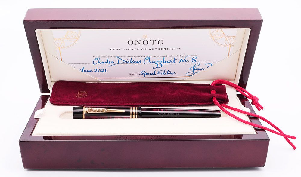 Onoto Charles Dickens SE Fountain Pen  - Chuzzlewit Model, Black/Burgundy Marble, C/C, 14k Architect Nib (Excellent+ in Box, Works Well)