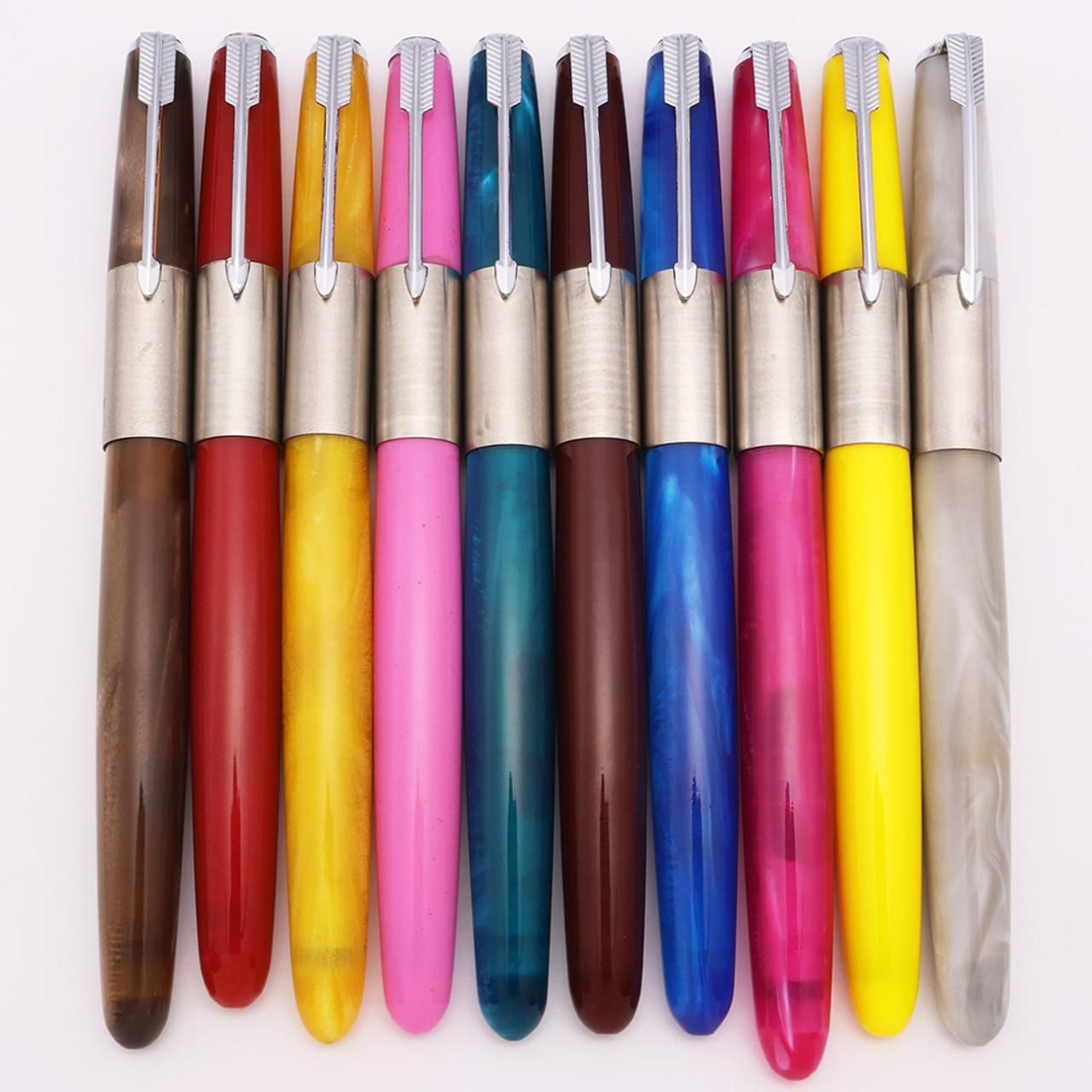 Parker 51 Ariel Kullock "Fantasy" Fountain Pens - Acrylic w Half Brushed Steel Caps, Steel Nibs (New, Work Well)