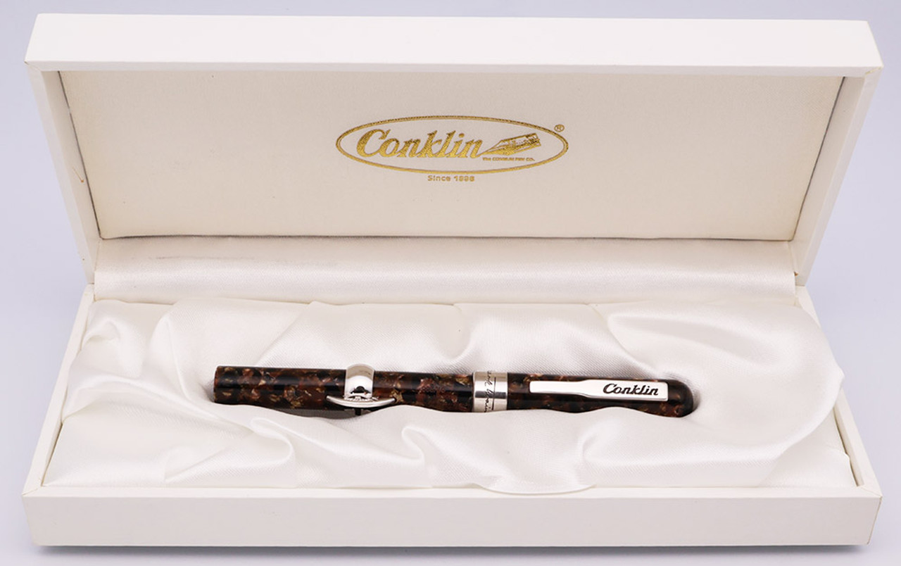 Conklin Mark Twain LE Crescent Fountain Pen (2013) - Cumberland Ebonite w Sterling Trim, Crescent Filler, Medium 14k Nib (Excellent +, Works Well)