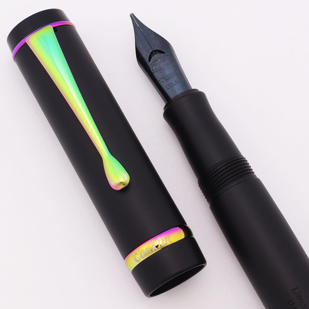 Conklin (Modern) Duragraph LE Fountain Pen - Matte Black w/Neon Rainbow Trim, C/C, Black Steel Medium Nib (Near Mint, Works Well)