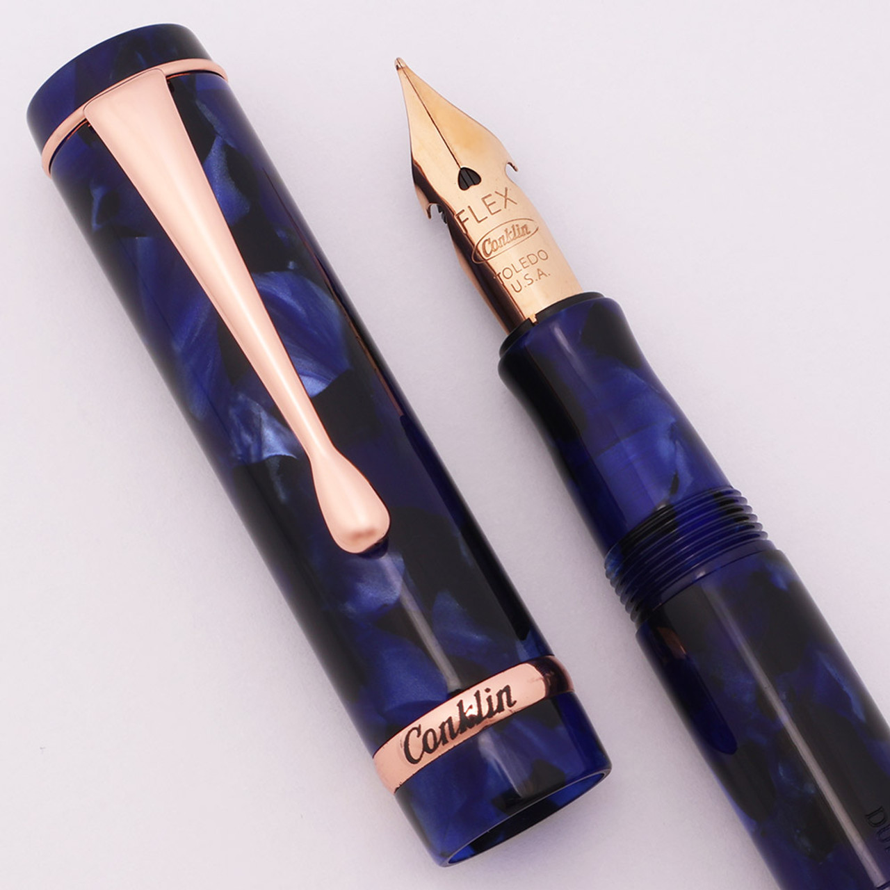 Conklin (Modern) Duraflex LE 120th Anniversary Fountain Pen - Blue Marble w Rose Gold Trim, C/C, "Flex" Nib (Excellent, Works Well)