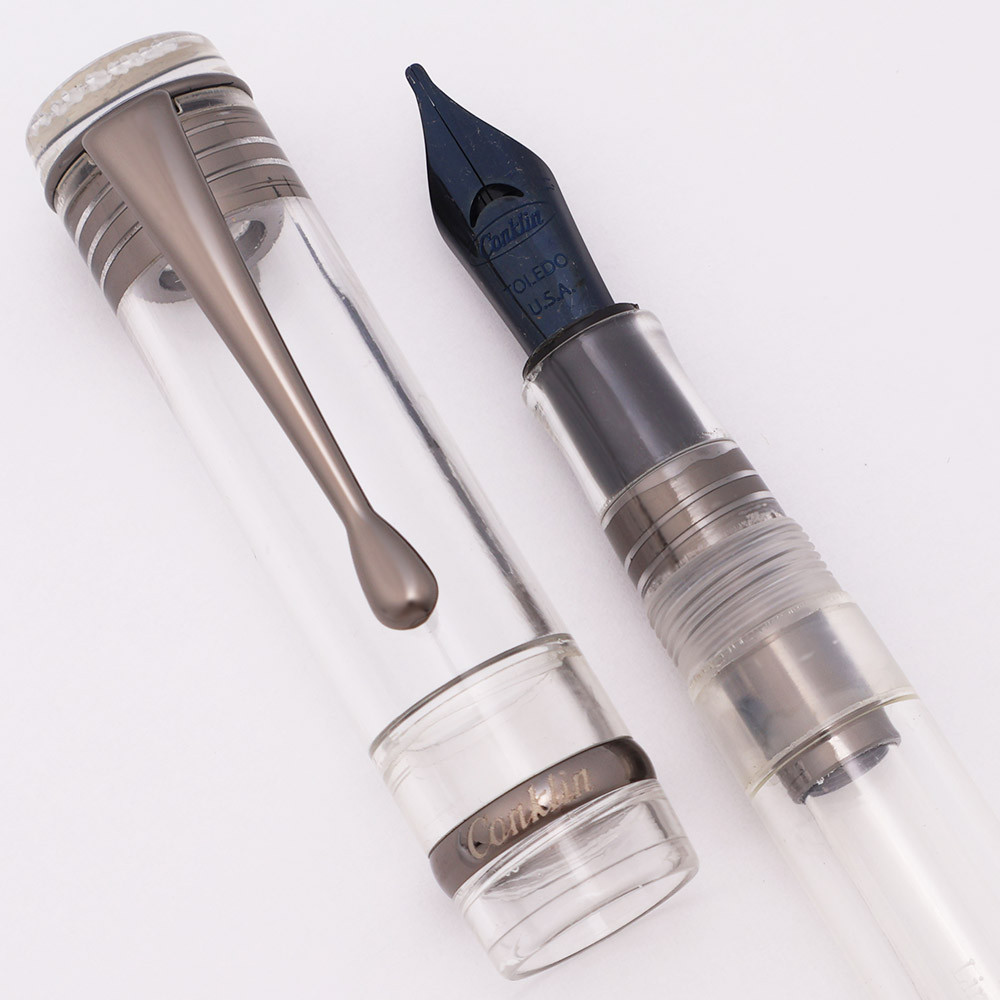 Conklin (Modern) Duraflex LE Fountain Pen - Clear w Gunmetal Trim, C/C, Broad Black Steel Nib (Excellent, Works Well)