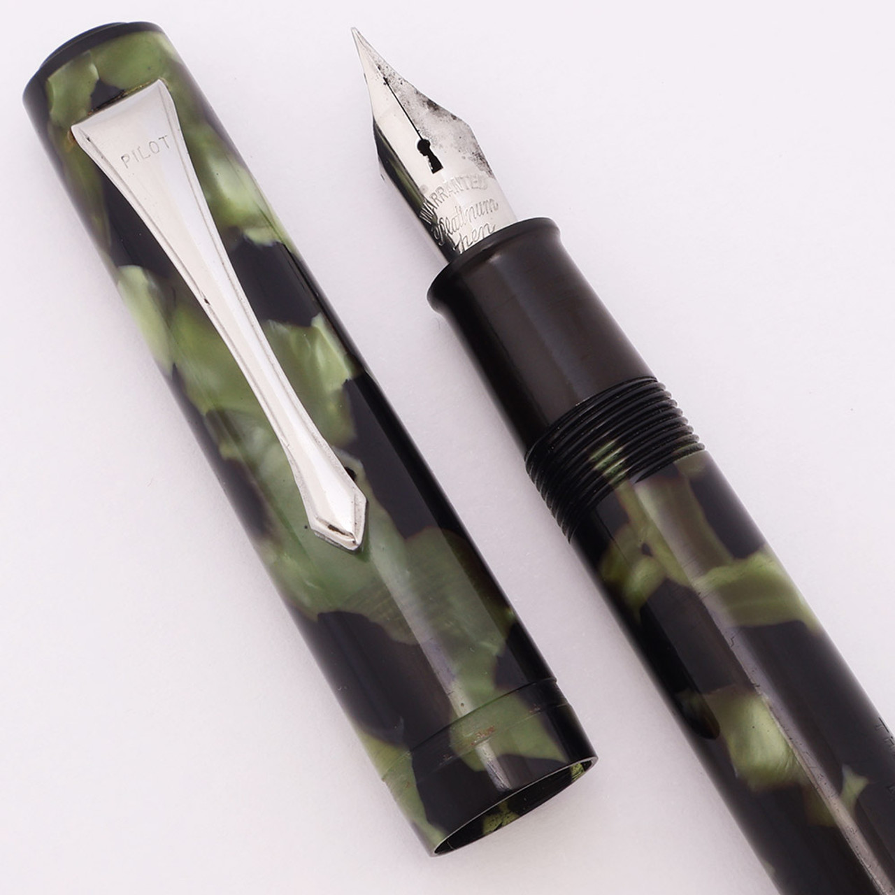Pilot Early Fountain Pen (pre-1938) - Green & Black Marble, Eyedropper w Shutoff , Fine Warranted Platinum Pen Nib (Excellent, Works Well)