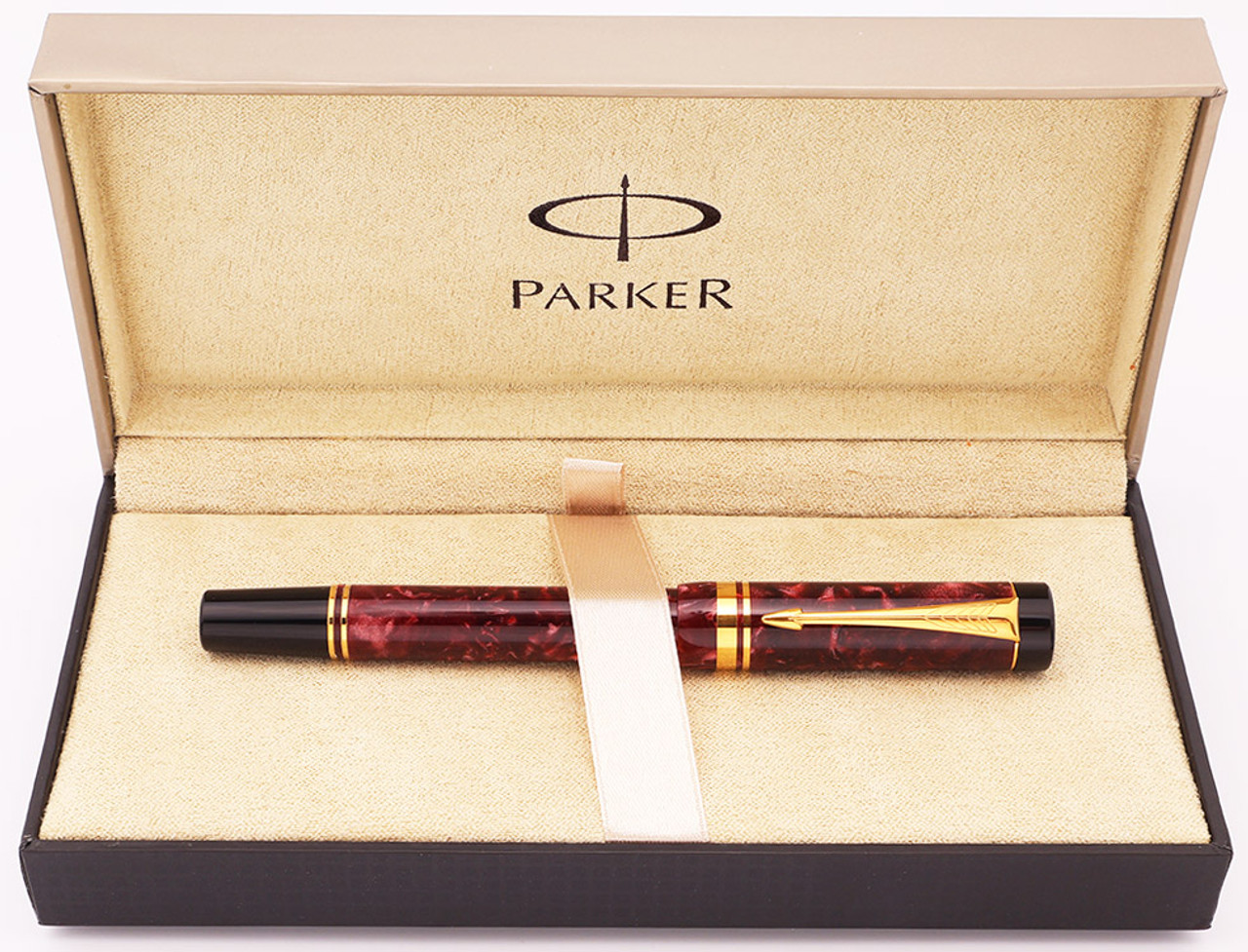 Parker Duofold International Fountain Pen  (Mark 1, 1998) - Maroon Marble w Gold Trim,  C/C, 18k Fine Nib (Excellent in Box, Works Well)