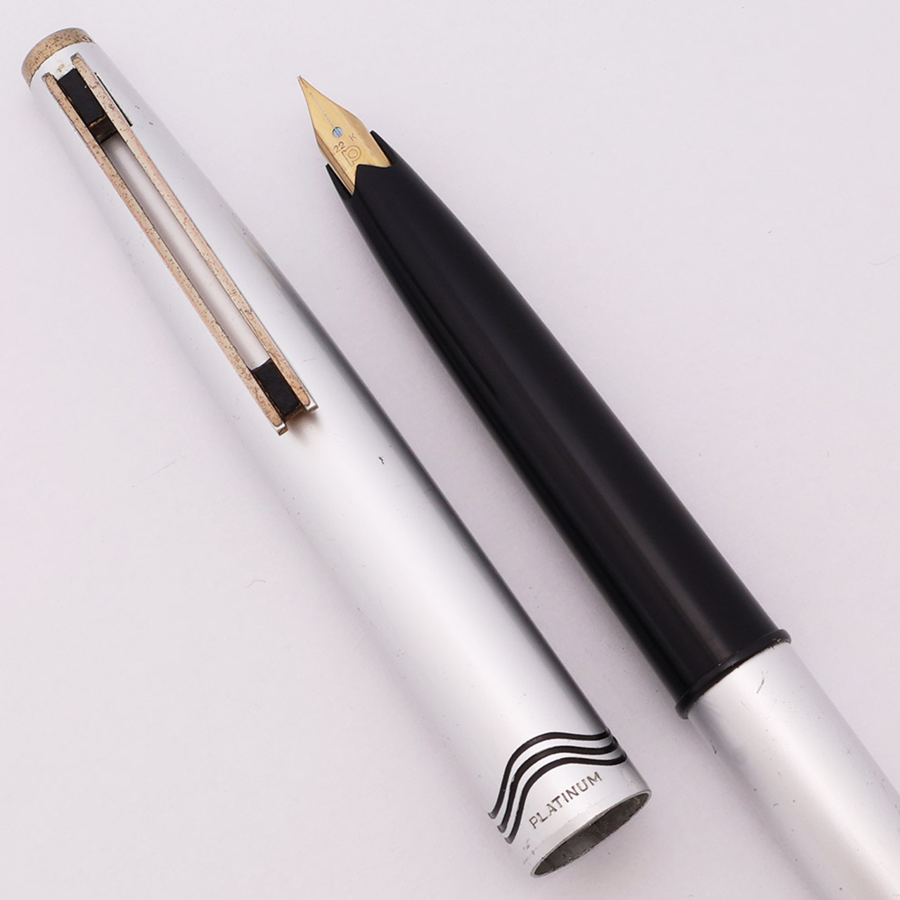 Platinum Pocket Fountain Pen (1970s) - Silver & Black, Fine 22k Nib (Very Nice, Works Well)