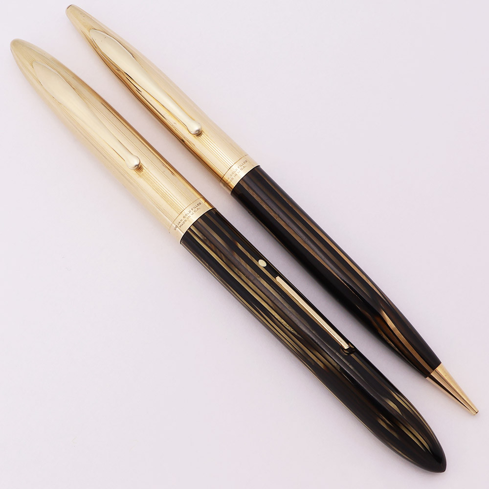 PILOT✨SHEAFFER ゴールド ストライプ 万年筆セット Sheaffer Crest 1375 Fountain Pen and Pencil Set (1937-41) - Brown