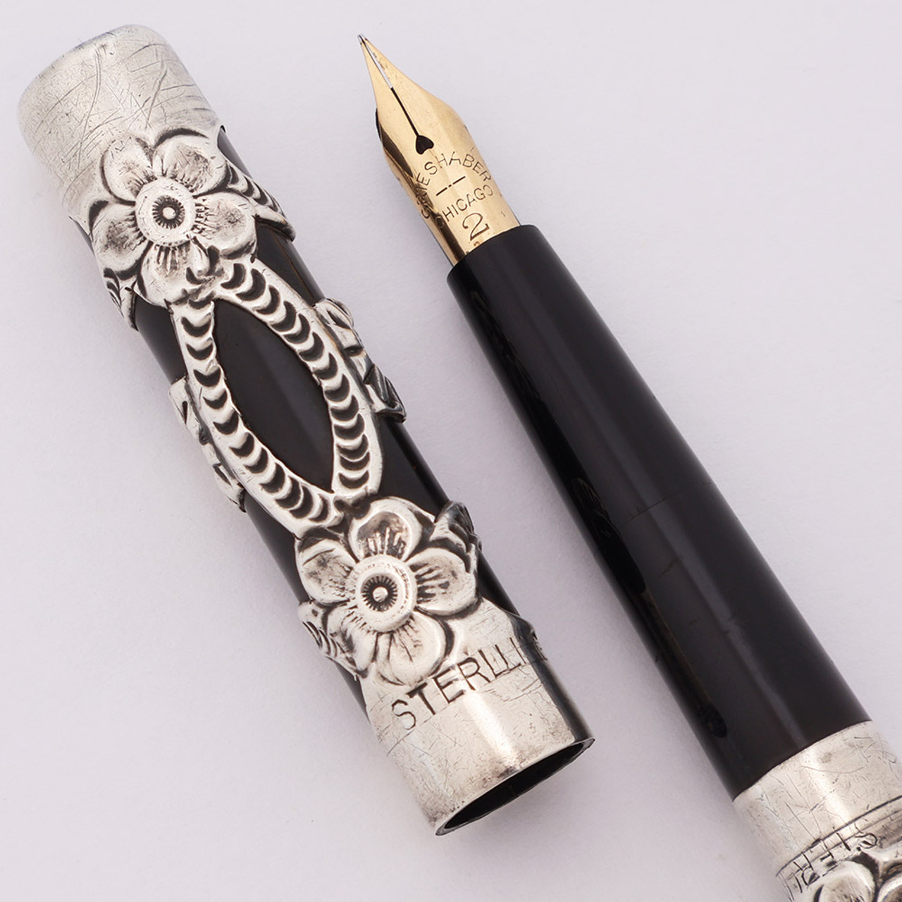 Grieshaber #2 Eyedropper Fountain Pen (1920s) - BHR w Sterling Silver Filigree, Fine Flexible #2 Nib (Excellent, Restored)