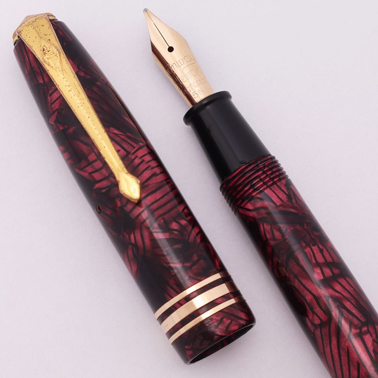 Conway Stewart 36 Fountain Pen (1950s) - Burgundy Hatched, Medium-Broad 14K Nib (Excellent, Restored)
