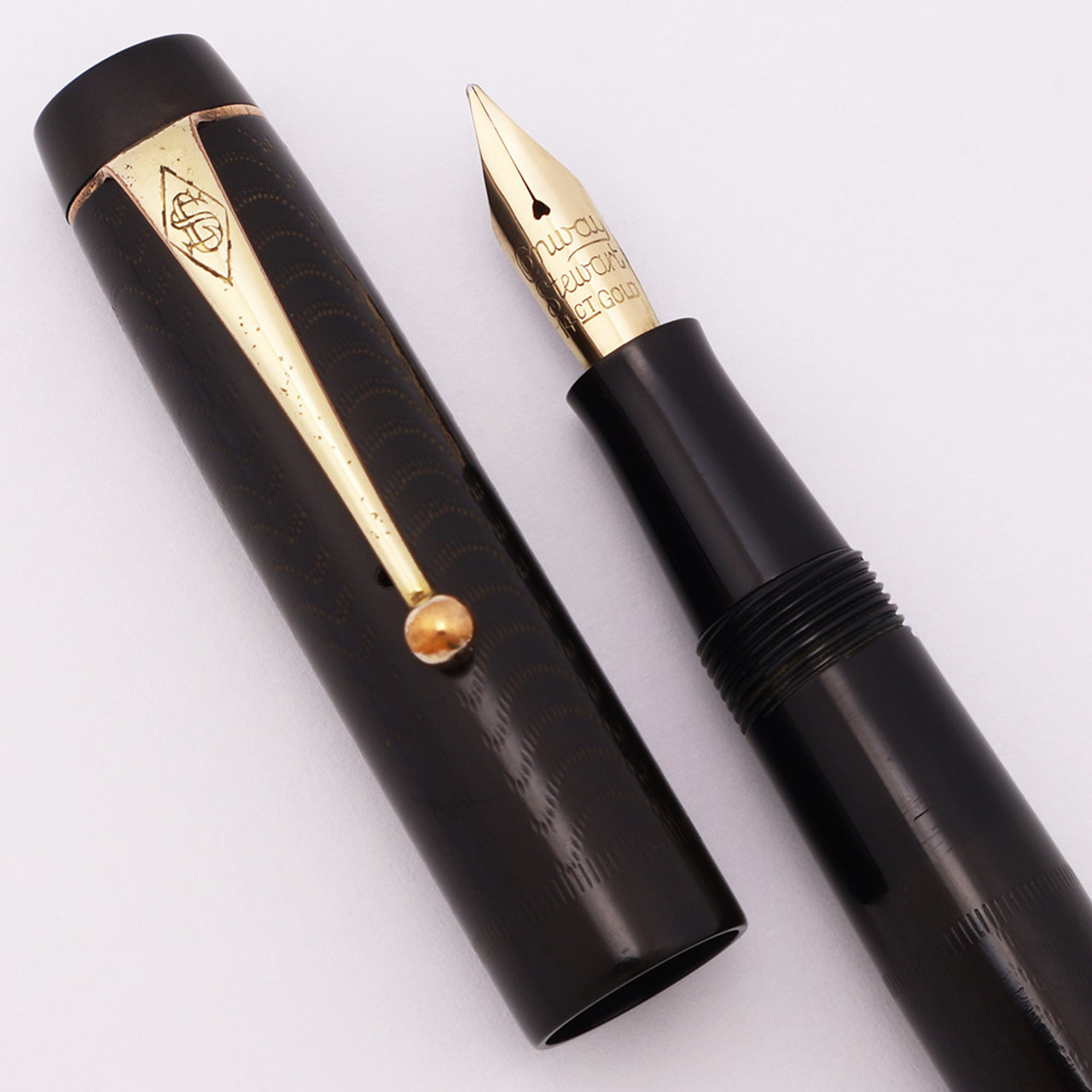 Conway Stewart 485 Fountain Pen (1933-40) - BCHR w Gold Trim, Button Filler, Medium Flexible 14k Nib (Excellent, Restored)