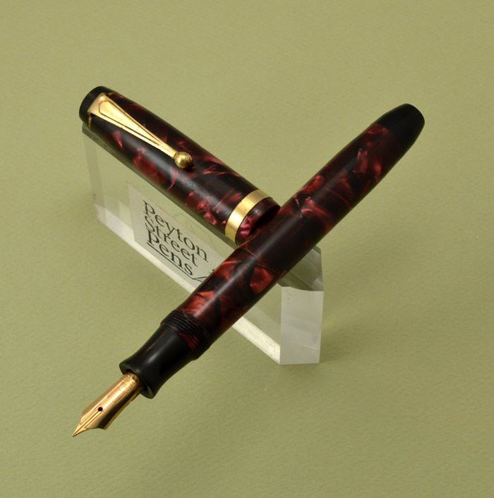 Parker Challenger  - Red Marble, Full Size, Fine Vac Nib, Button Fill (Excellent, Restored)
