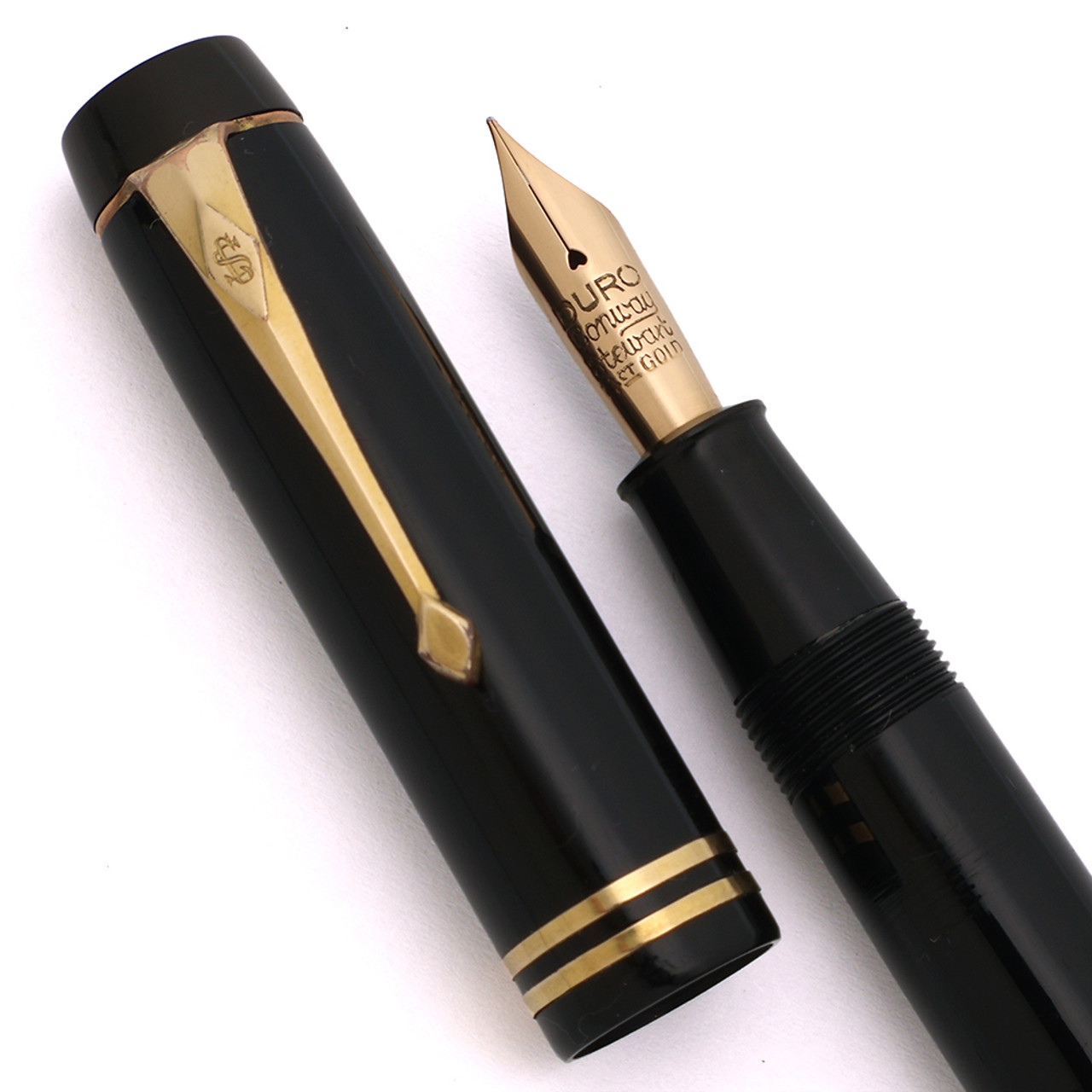 Conway Stewart Duro No 30 Fountain Pen (1930s) - Black w GT, Button Filler, Fine 14k Duro Nib (Excellent, Restored)