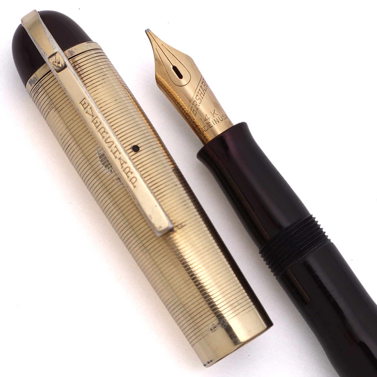 Eversharp Skyline Fountain Pen (1940s) - Gold Lined Cap, Burgundy Barrel, Lever Filler, Medium 14k Manifold Nib (Very Nice, Restored)