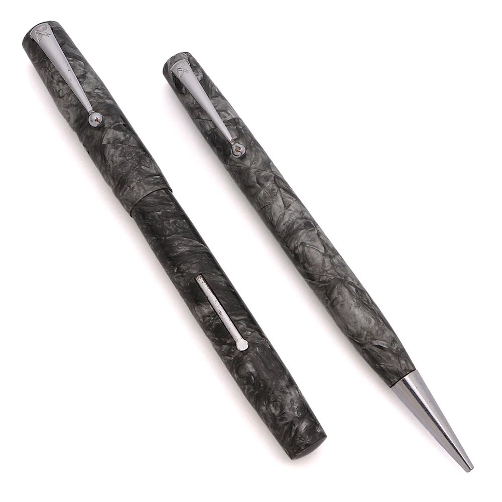 Mabie Todd Blackbird 5248 Fountain Pen & Pencil Set (UK, 1930s) - Grey Pearl Marble, 14k Fine Semi-Flex Nib (Excellent, Restored)