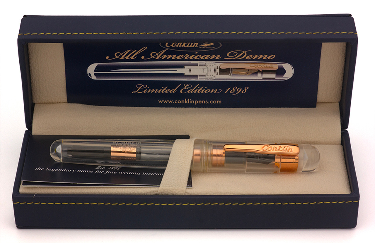 Conklin (Modern) All American LE Fountain Pen (2000s) - Demonstrator w/Rose Gold Trim, C/C, Fine Black Toledo Nib (Excellent + in Box, Works Well)