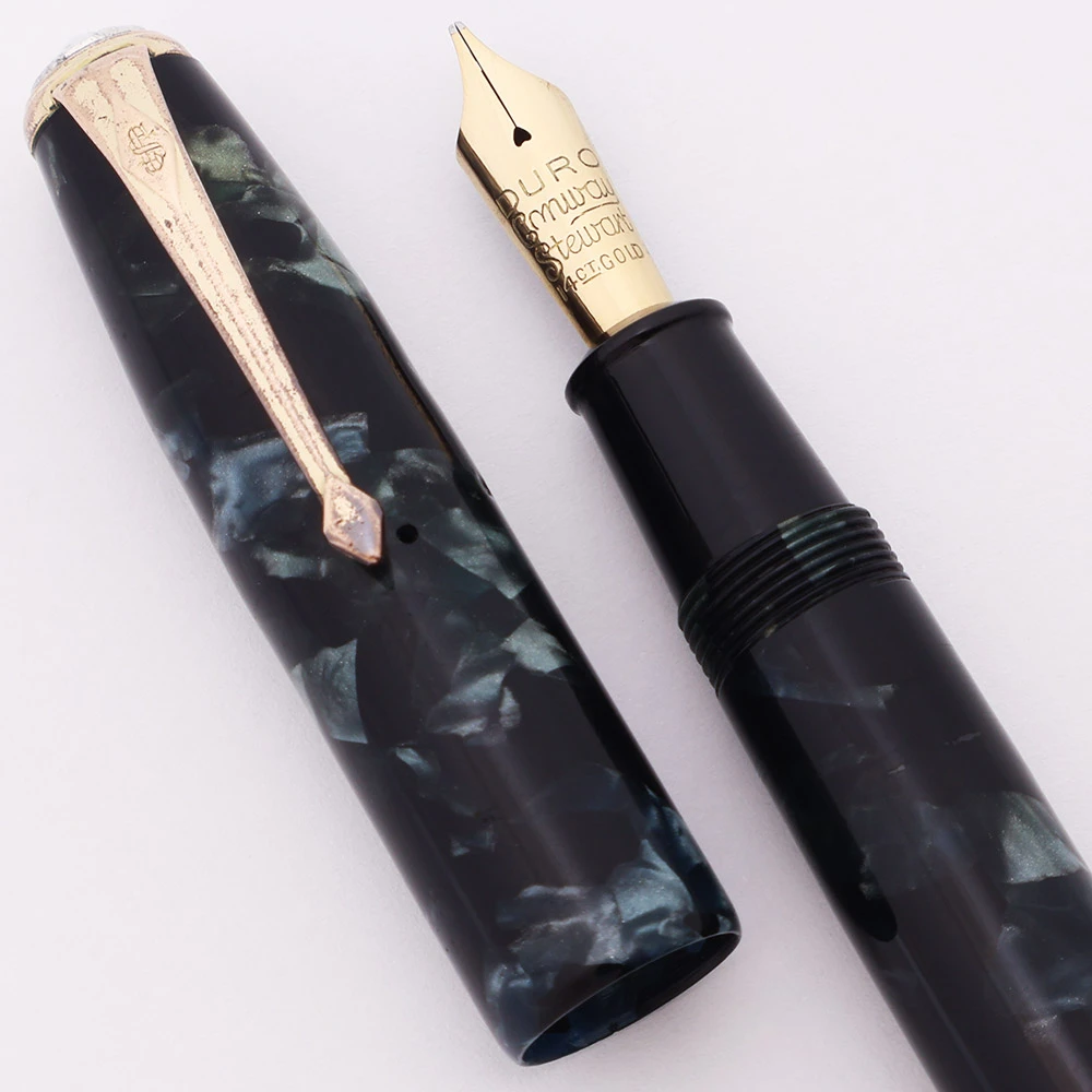 Conway Stewart Executive 60 Fountain Pen (Early 1950s) - Blue Marbled, No Cap Bands, Medium Manifold DURO 14k Nib (Excellent, Restored)