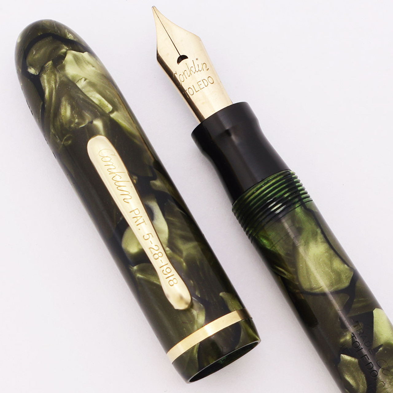 Conklin Ensemble Combo Fountain Pen (1920s-30s)- Green Marble, Fine Conklin Nib (Excellent, Restored)