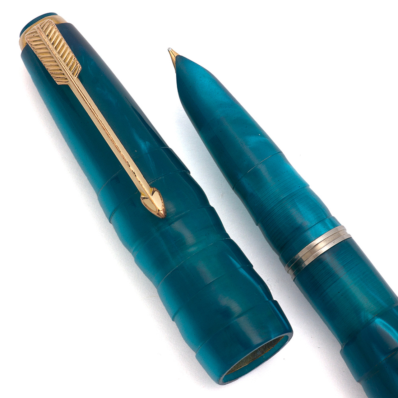 Parker 51 Ariel Kullock "Fantasy" Aerometric - Teal "Tiered" Barrel and Cap w Gold Clip, Medium Gold Nib (Excellent, Works Well)