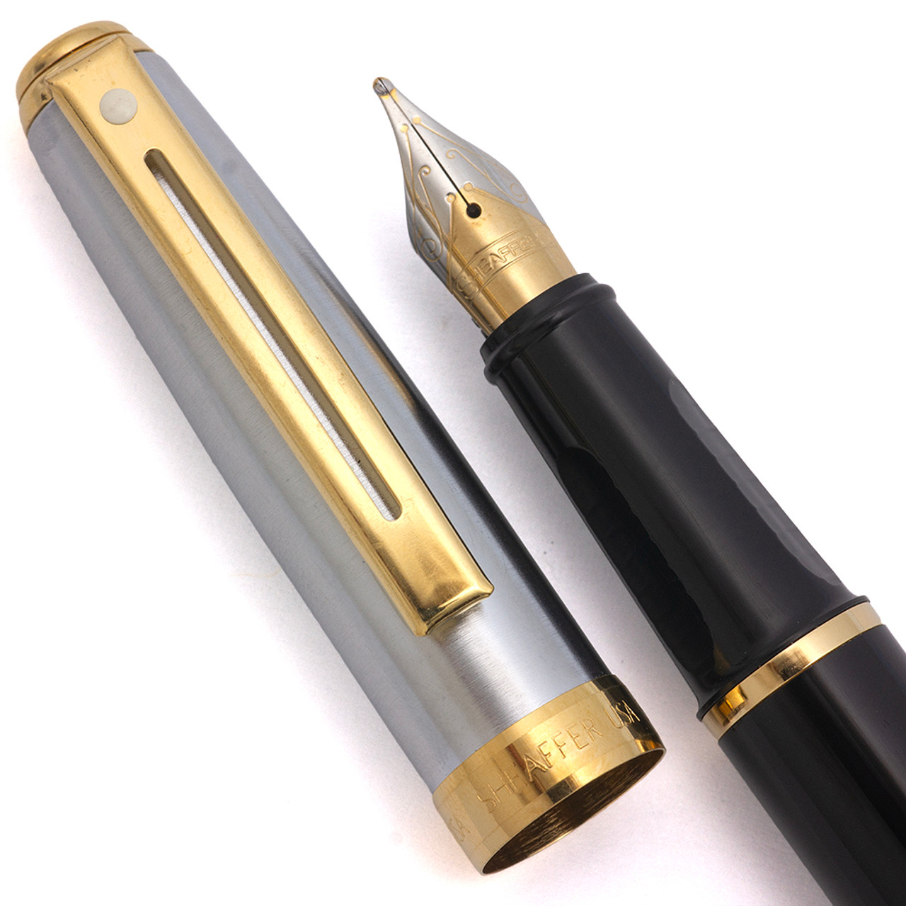 Sheaffer Prelude Fountain Pen (USA) - Black with Brushed Chrome Cap and GT, C/C, Broad Steel Nib (New Old Stock)