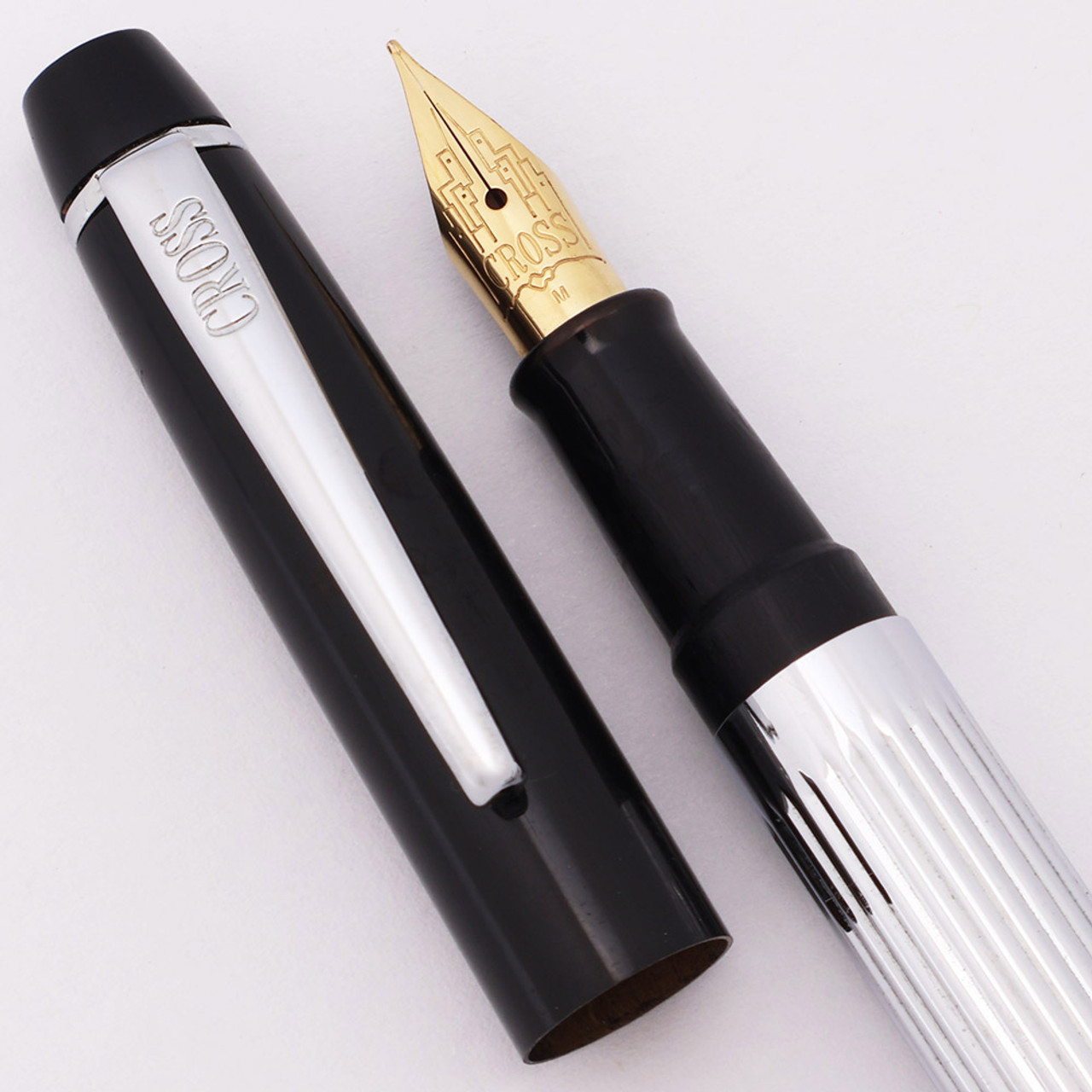Cross Metropolis Fountain Pen - Black w Chrome Plated Barrel, Lined Pattern, Medium GP Nib (Excellent, Works Well)