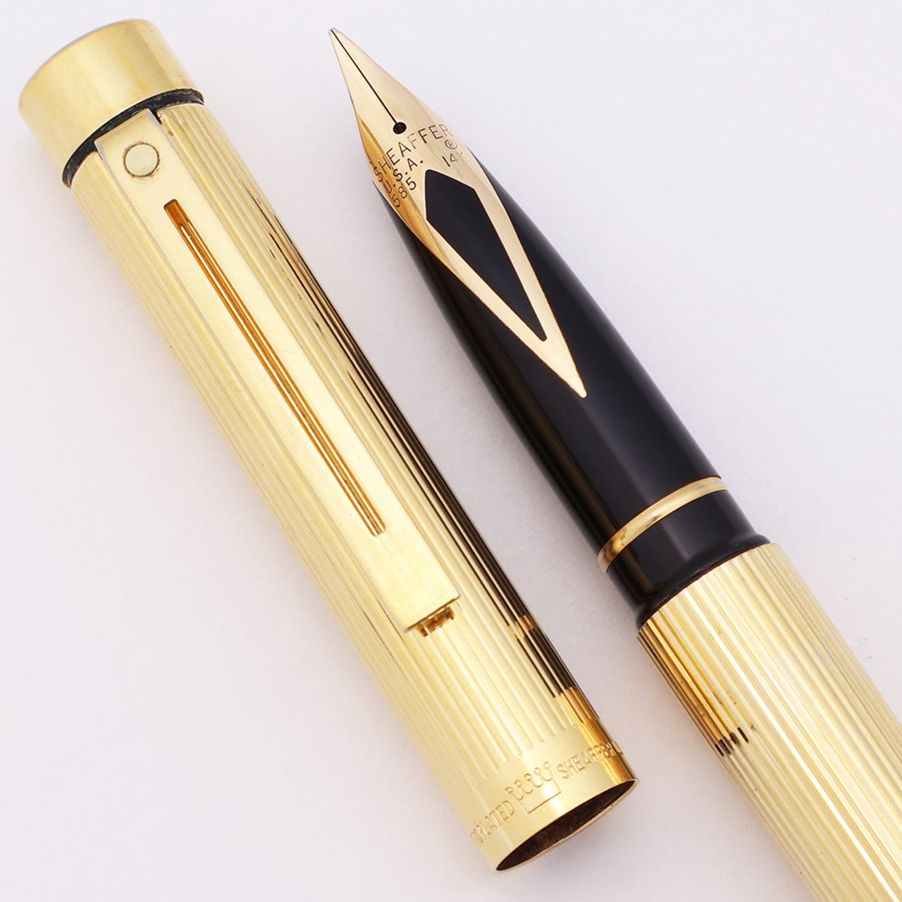 Sheaffer Targa 1005 Fountain Pen (1976-99) - Gold Plated, Fluted/Lined Pattern, C/C, 14k Medium Nib (Excellent, Works Well)