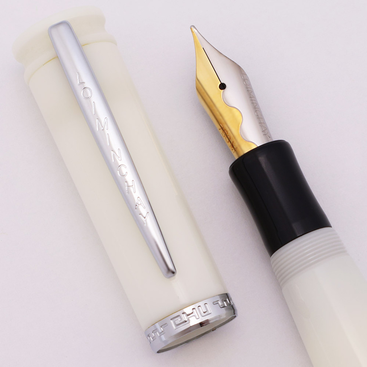 Loiminchay Mini Qian Long Fountain Pen (2008) - White, White Gold Plated Trim, 18k Medium Nib (New Old Stock)