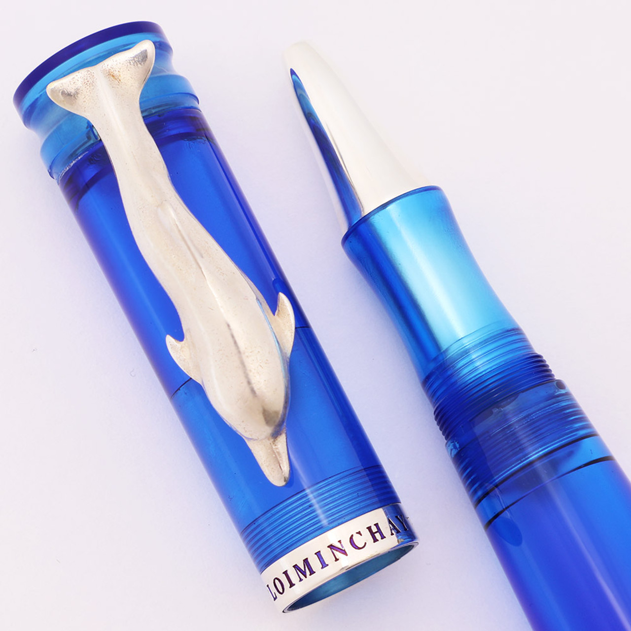 Loiminchay Riviera Rollerball Pen (Limited Edition of 1000) - Oversized, Sterling Glossy Dolphin Clip, Blue Clear Acrylic (New Old Stock)