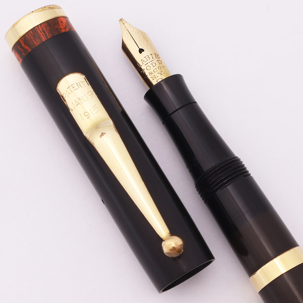 Mabie Todd Swan Self-Filling Fountain Pen (UK, late 1920s) - Black w Mottled Red HR, Lever-Filler, Fine Left Oblique 14k #2 Nib (Excellent, Restored)