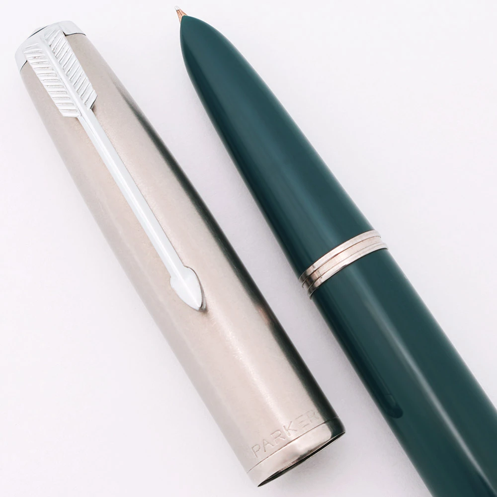 Parker 51 Aerometric Demi Fountain Pen (1950) - Teal w Lustraloy Cap, Fine Gold Nib (Excellent, Works Well)