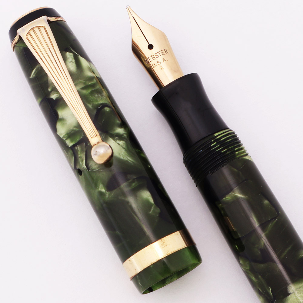 Webster Junior Fountain Pen (1930s-40s) - Green & Black Marble, Button Filler, Fine USA Webster Nib (Excellent +, Restored)