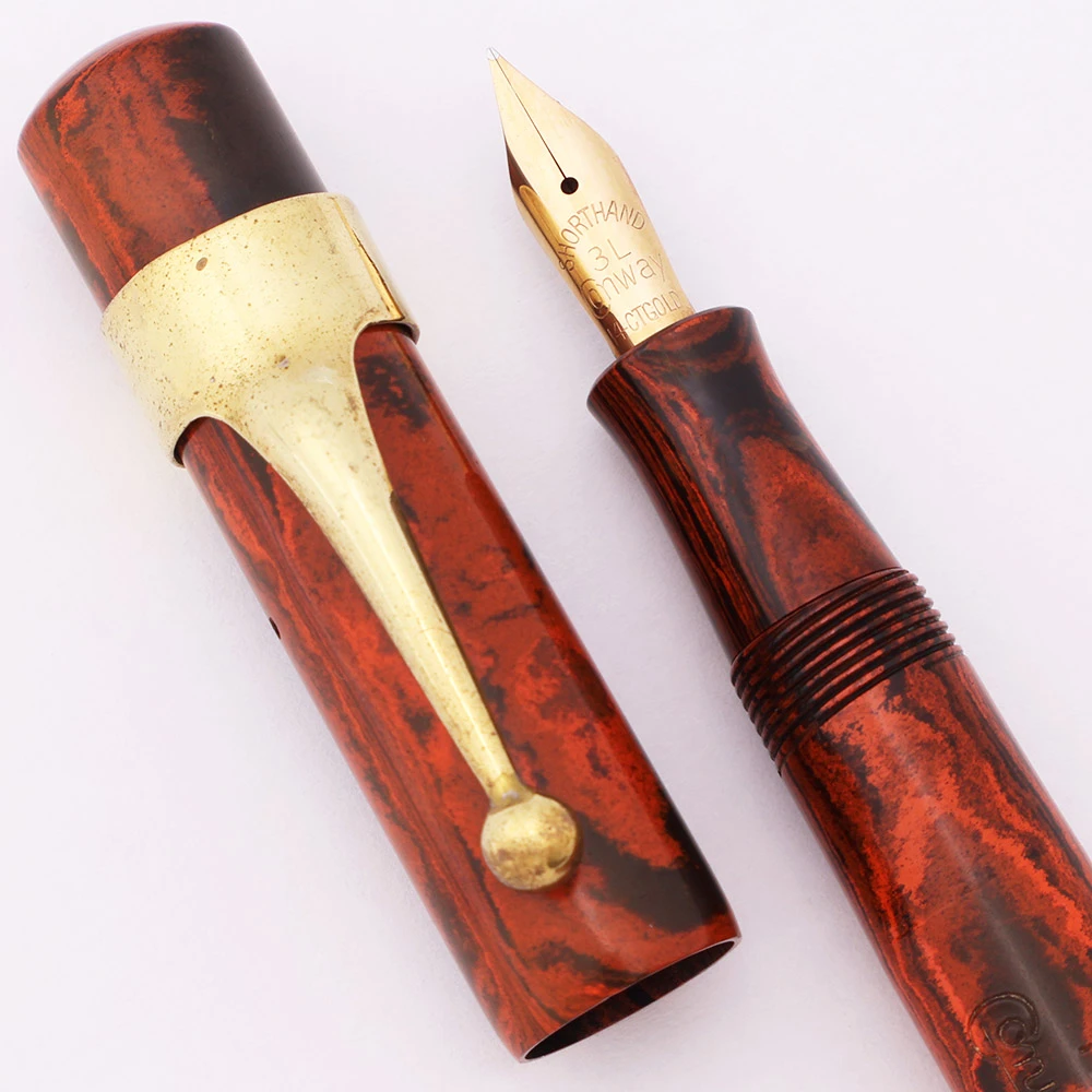 Conway Stewart 490M "The Conway Pen" (1930s) - Red Mottled Hard Rubber w/Gold Accommodation Clip, Lever Filler, 14k Shorthand #3L Nib (Excellent, Restored)