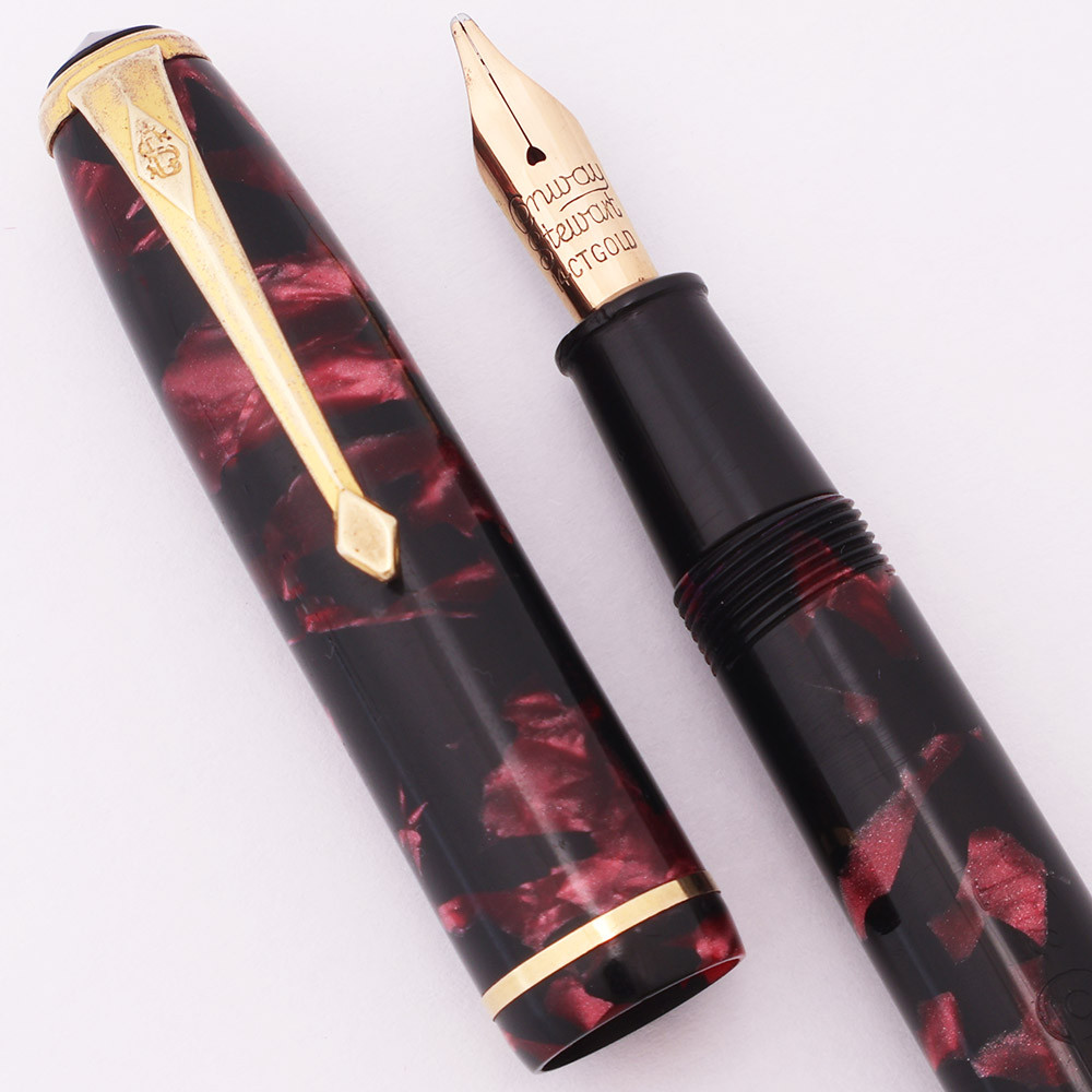Conway Stewart 28 Fountain Pen (1950s) - Marbled Burgundy, Lever Filler, Broad Semi-Flex 14k Nib (Excellent, Restored)