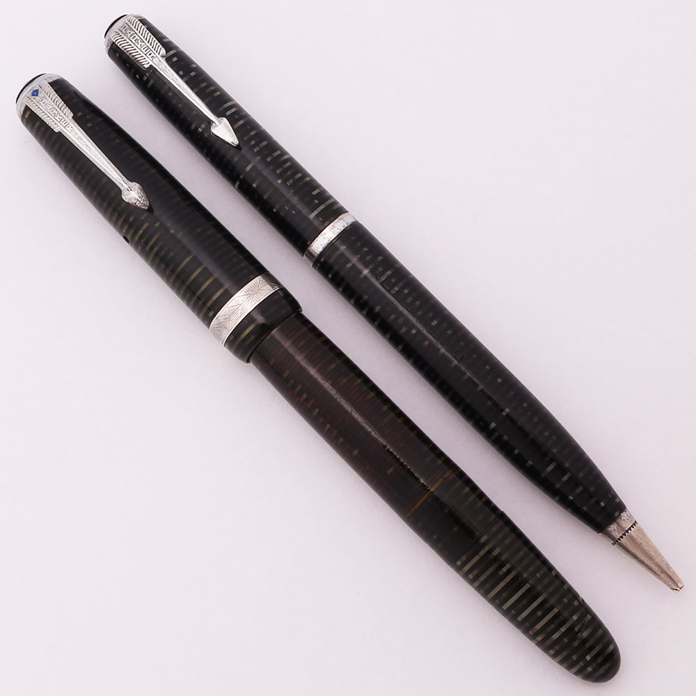 Parker Vacumatic Debutante Fountain Pen and Pencil Set (1943) - Silver Pearl,  Blue Diamond Clip, Fine Parker Nib (Very Nice, Restored)