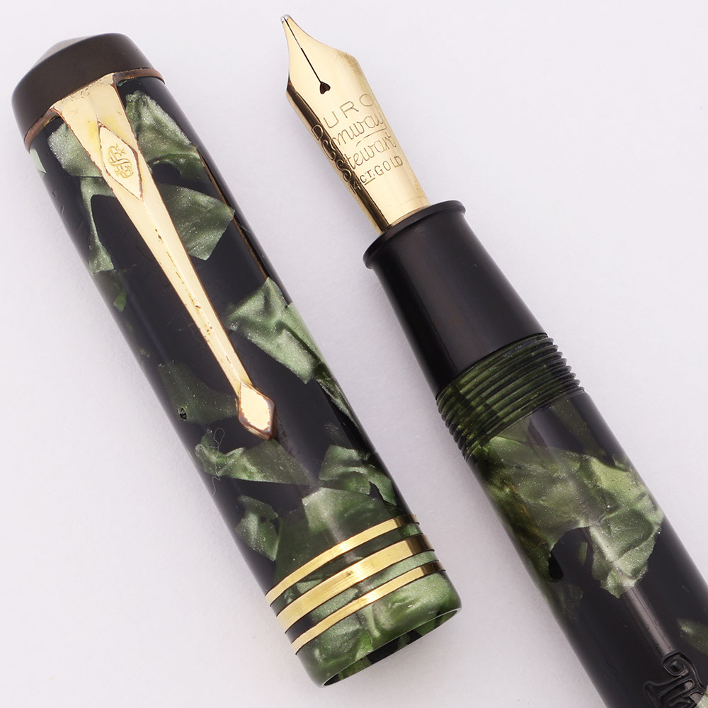 Conway Stewart 55 Fountain Pen (1940s) - Green Marble w GT, Lever Filler,  14k Medium Nib (Excellent, Restored)