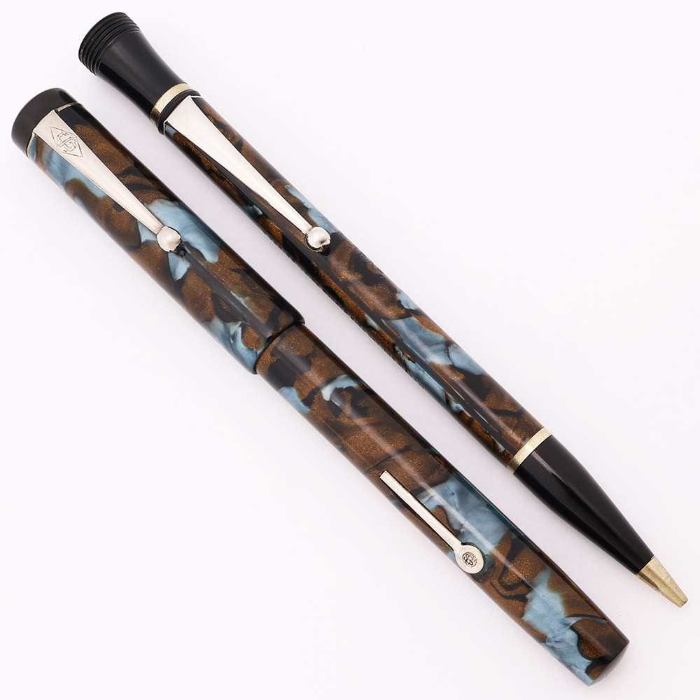 Conway Stewart 336 Scribe Fountain Pen and Pencil Set  (1930s) - Blue and Brown Marble, Lever Filler, 14k Fine Flexible Nib (Excellent, Work Well)
